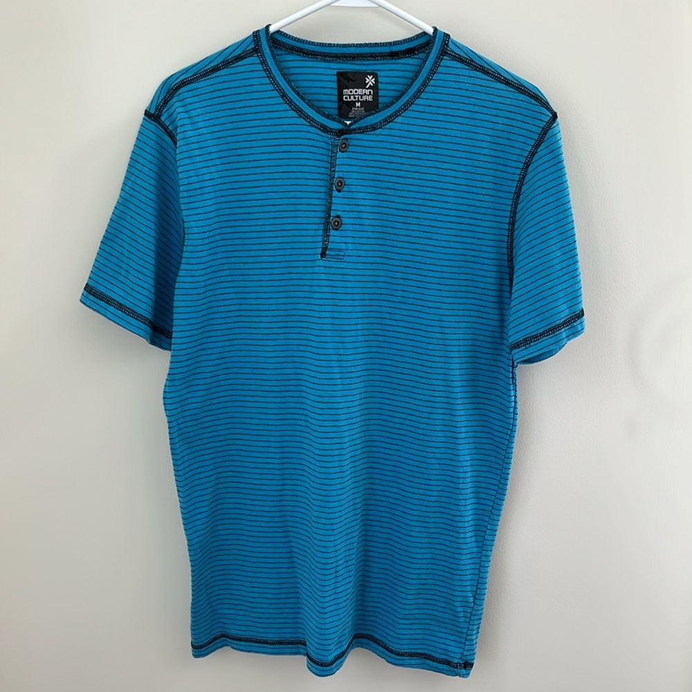 MODERN CULTURE Short Sleeve Striped Teal Henley